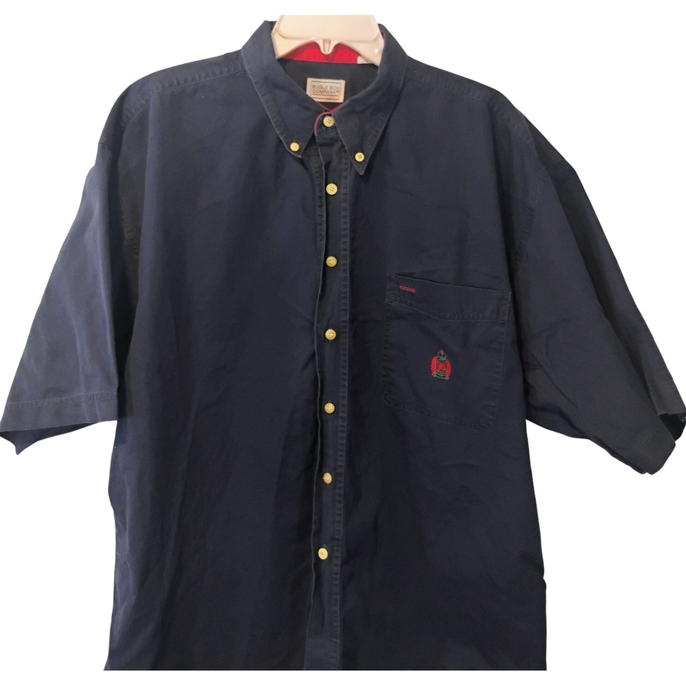 Bugle Boy Company Mens XXL Navy Blue Cotton Short Sleeve Button Down Shirt Crest